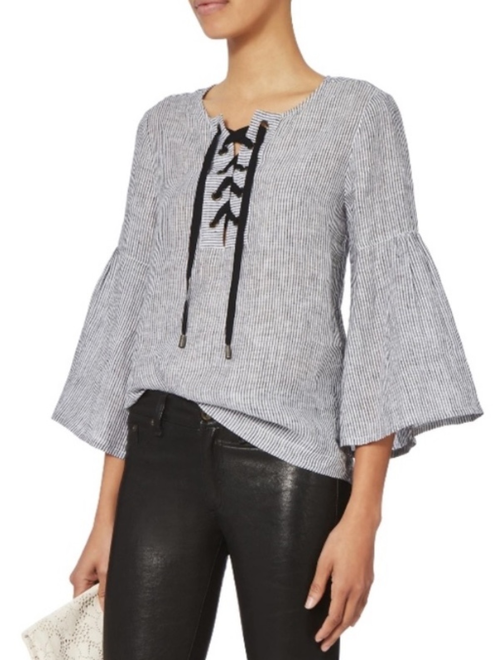 St. Roche Lula Stripe Bell Sleeve Linen Lace-Up Top size XS
